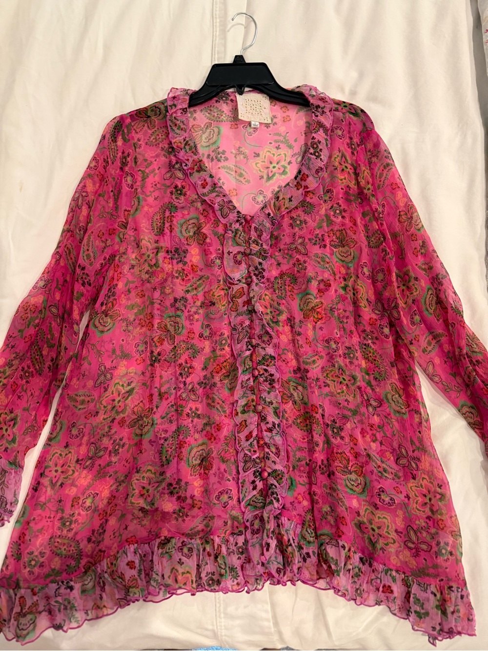 Johnny Was Pink Floral Paisley Ruffle V-Neck Blouse